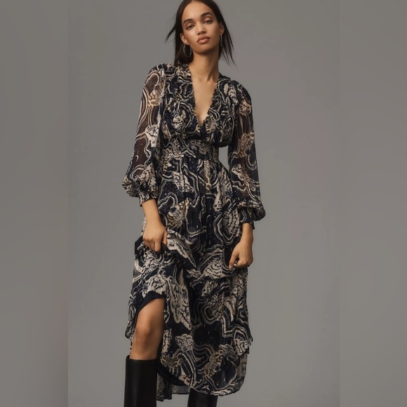 Anthropologie Printer Johnson Long-Sleeve V-Neck Textured Midi Dress - Picture 3 of 8